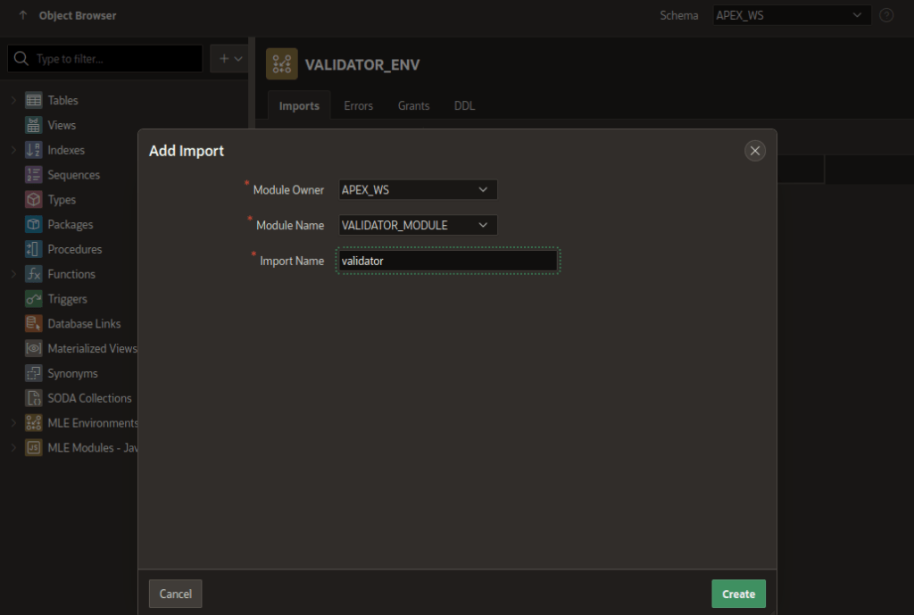 APEX object browser: create MLE env