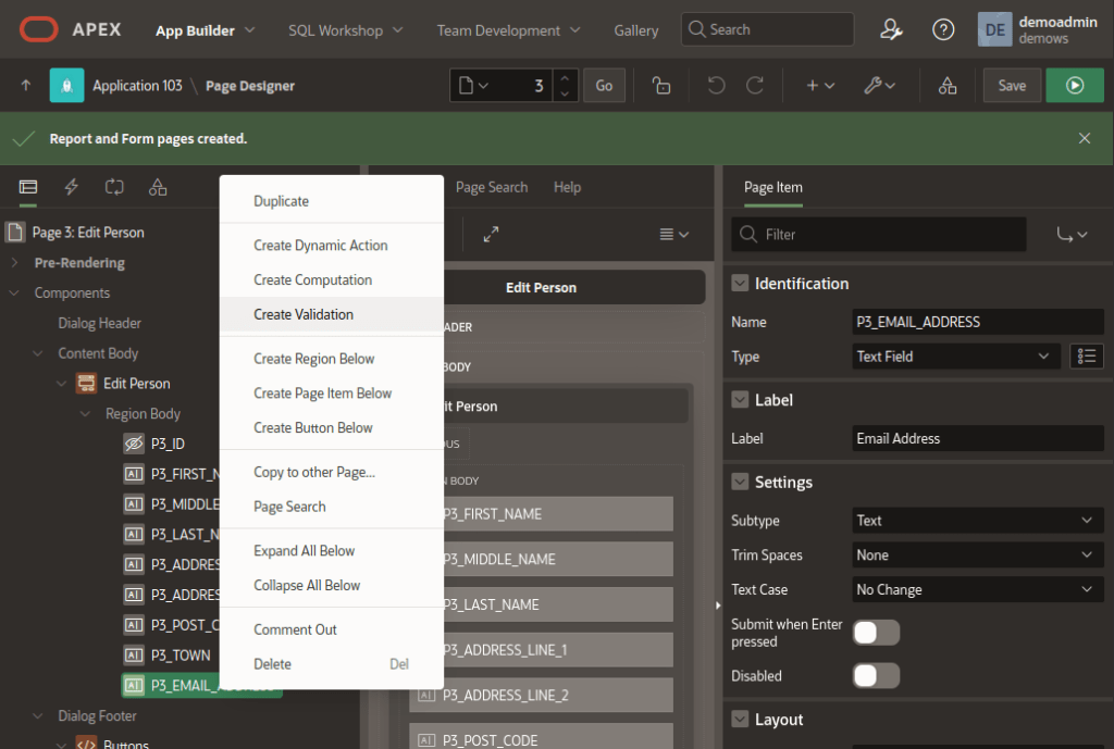 APEX Page Builder: create validation